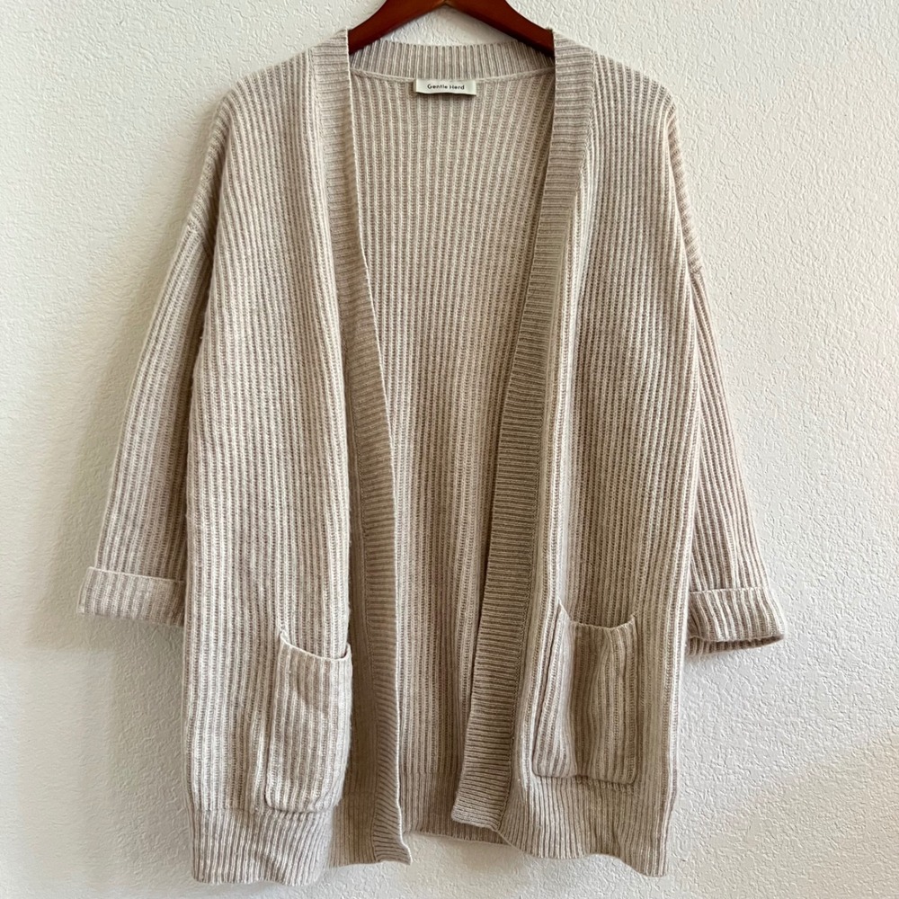 Gentle Herd 100% Cashmere Ribbed‎ Chunky Cardigan Beige Oatmeal Color Size XXS